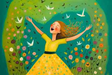 A joyful dancer surrounded by butterflies and birds in a field of yellow pastel flowers. Emotion: joy, freedom, artistic creativity. Generative AI
