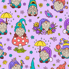 Fototapeta na wymiar Cute gnomes spring seamless pattern. Funny scandinavian gnome pattern design. Cartoon vector illustration for textile fabric or paper print. Blooming spring flowers and green leaves springtime mood.