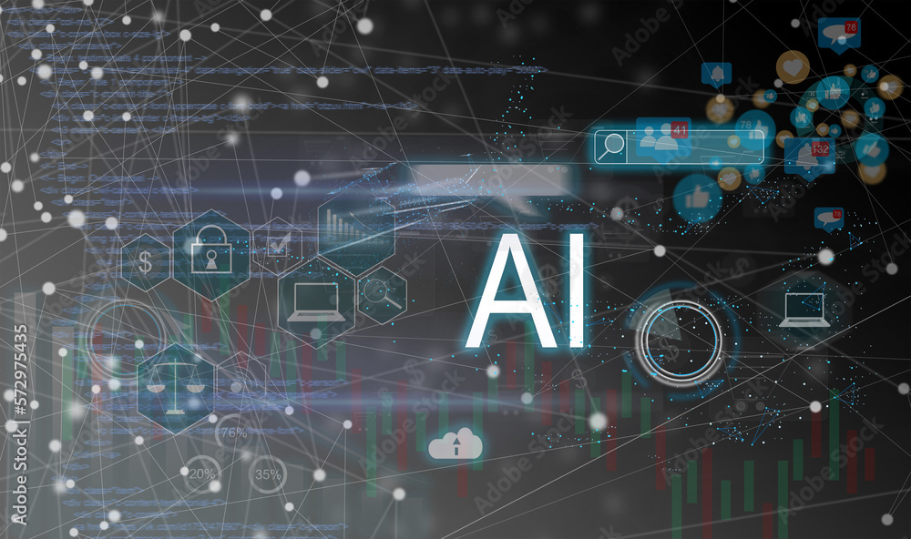 Poster artificial intelligence technology concept with text ai made of electronic circuit board with microc
