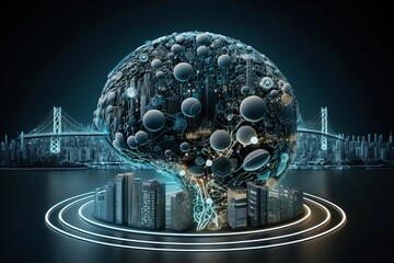 Projection Of Human Brain In Gray Blue Tones With Many Elements Inside.