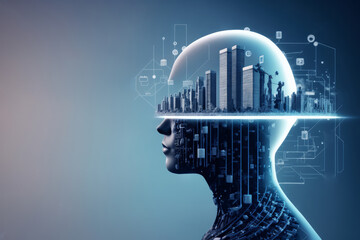 Head Of Woman With Metropolis Inside. Concept of Modern Technological Development. Electrical Discharges Inside Head.