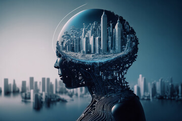 Head Of Young Woman In Form Of Metropolis. It Is Against Background Of City Buildings. Concept of Modern Technological Development.