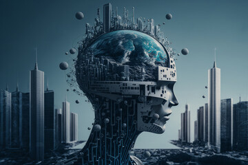 Head Of Young Woman In Form Of Metropolis. It Is Against Background Of City Buildings. Concept of Modern Technological Development. Planet Earth Inside Girl Head.