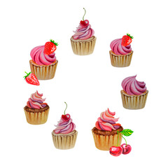A wreath of cupcakes. Watercolor illustration. Delicious sweets. Pie with strawberries and cherries.