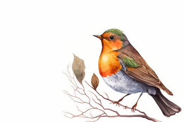 Robin bird, butterflies, branches and leaves in vintage watercolor style. Generrative Ai