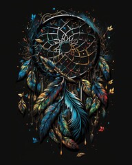 Colorful dreamcatcher isolated on a black background. Generative AI