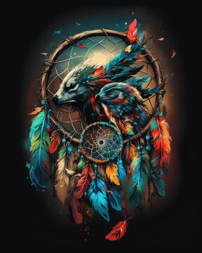 Dreamcatcher illustration with a wolf. Colorful new age illustration. Generative AI