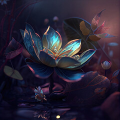 Lotus flower, Water lily. Bright fairy-tale blue lotus flower in a magical light floating in water. Generative ai illustration, watercolor drawing	
