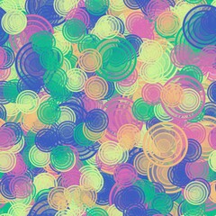 Transparent concentric orange, yellow, green, blue and magenta circles. Random pattern. Seamless texture.