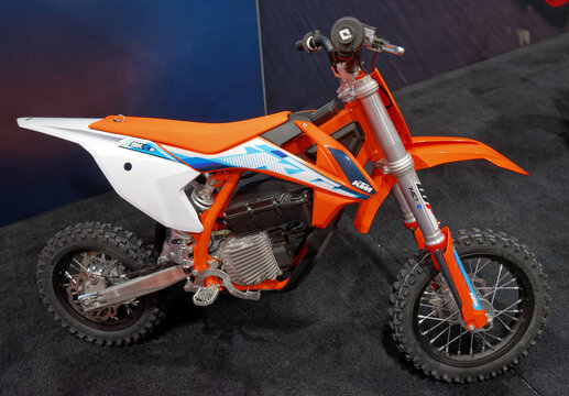 TORONTO-FEBRUARY 17, 2023: KTM XACT SX-E5 All-Electric Mini-Crosser  at the Toronto Motorcycle Show, the premier show of its kind in Canada, on February 17, 2023 in Toronto