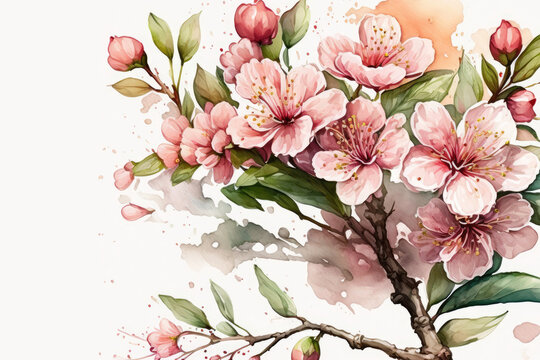 Watercolor Sakura on white background. Generative Ai