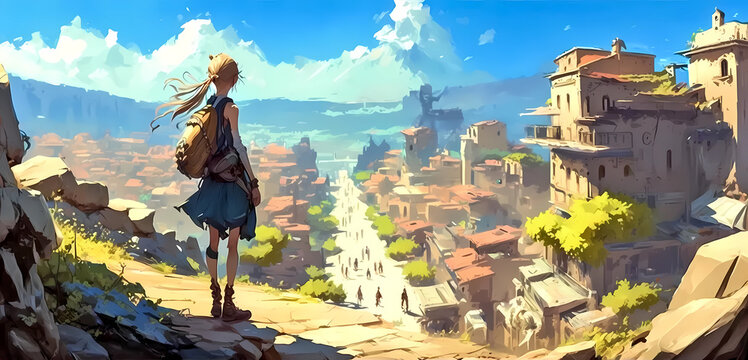 Young Woman Traveling With A Backpack. Girl Looking From The Top Of The Hill At The Old Town. Summer Cityscape.