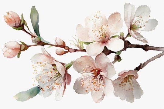 Watercolor Sakura on white background. Generative Ai