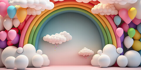 generative ai illustration, abstract 3d rainbow with clouds and colorful balloons - obrazy, fototapety, plakaty