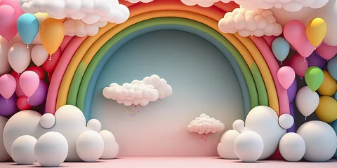 Foto op Canvas generative ai illustration, abstract 3d rainbow with clouds and colorful balloons © Claudia Nass