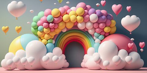 generative ai illustration, abstract 3d rainbow with clouds and colorful balloons