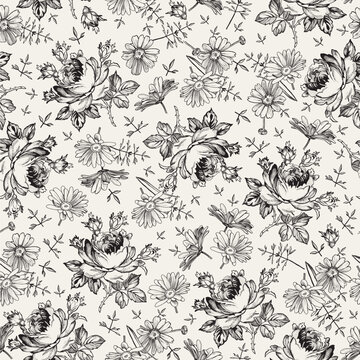Seamless pattern. Chamomile Daisies Roses wildflowers. Beautiful blooming realistic isolated flowers Vintage background fabric Wallpaper baroque. Drawing engraving sketch Vector victorian illustration