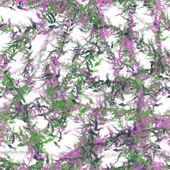 Pink, grren and deep blue thin brush strokes on the white background. Plant branch and leaves imitation. Seamless pattern