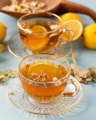 Herbal teas and cookies on a white background