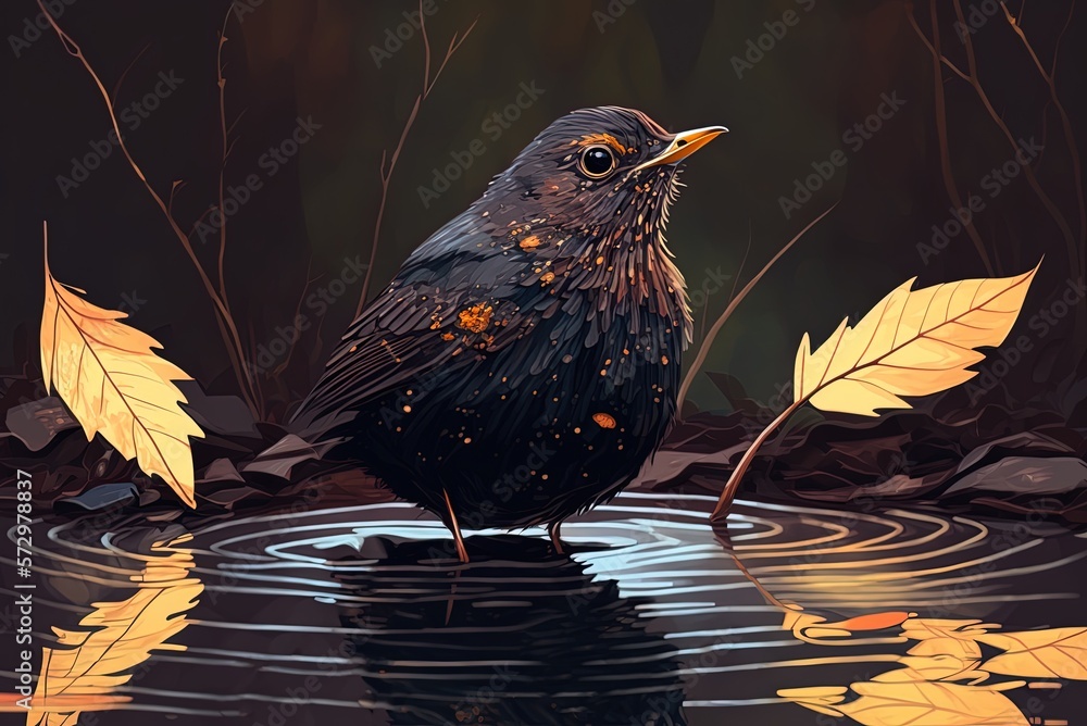 Poster extreme closeup of a common blackbird splashing about in a puddle generative ai
