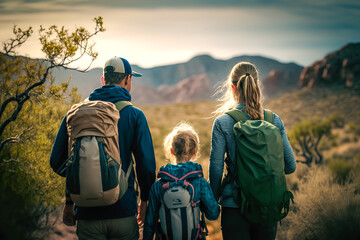View from behind of unrecognizable adults and children hiking. Family adventure concept. Generative ai.