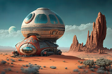 Fototapeta na wymiar Science fiction planet's landscape, space ship landed