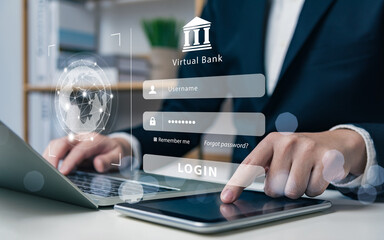 virtual bank or online banking, log in cyber security concept, businessman touching tablet to login financial ecosystem, password, data protection, secure internet access, cyberspace, financial. - obrazy, fototapety, plakaty