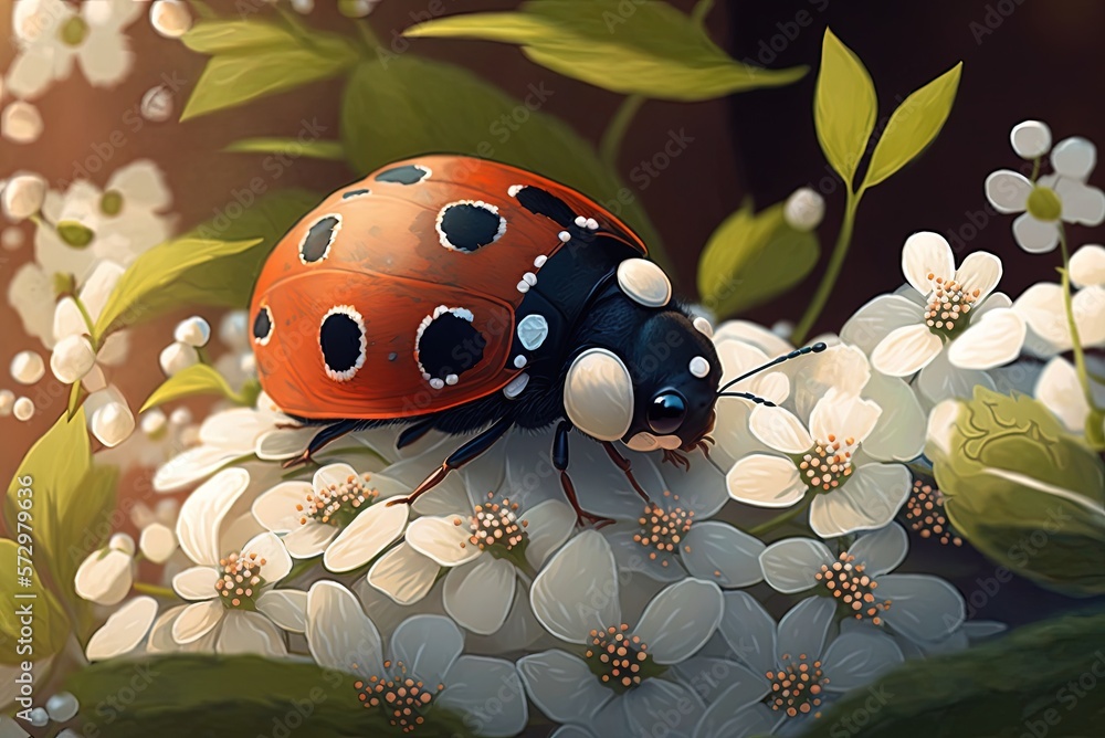 Poster a macro photograph of a ladybug resting on a cluster of white flowers generative ai
