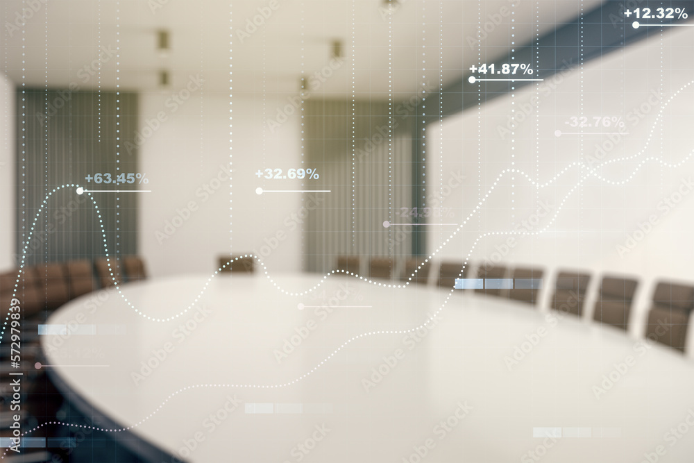 Poster double exposure of abstract creative statistics data hologram on a modern boardroom background, anal