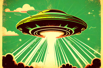 Extraterrestrial UFO Flying Saucer, dynamic view, colorful illustration in Retro 60s and 70s Poster Style, generative ai