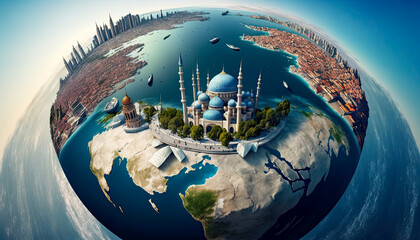 Cross section of planet Earth with Istanbul landmarks - Generative AI