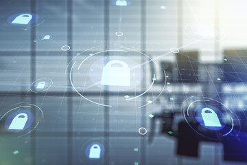 Virtual creative lock illustration with microcircuit on a modern coworking room background, cyber security concept. Multiexposure