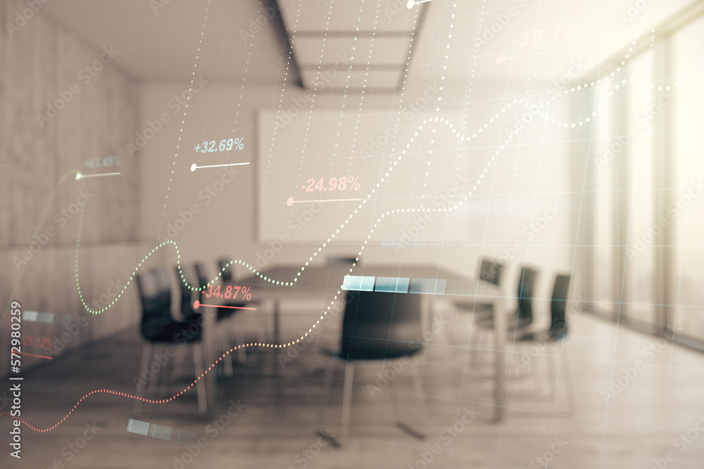 Poster multi exposure of stats data illustration on a modern conference room background, computing and anal