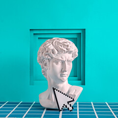 David and the mouse monitor pop atr in a graphic cyber vaporway space with pixels and a frame on...