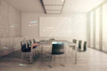 Multi exposure of stats data illustration on a modern conference room background, computing and analytics concept