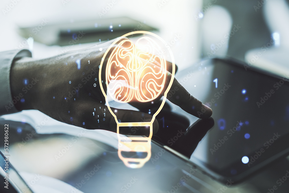 Poster creative idea concept with light bulb and human brain illustration and with finger clicks on a digit
