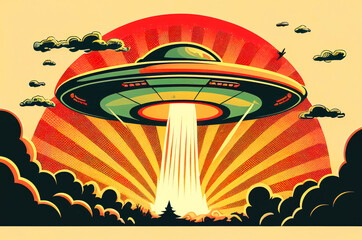 Extraterrestrial UFO Flying Saucer, dynamic view, colorful illustration in Retro 60s and 70s Poster Style, generative ai