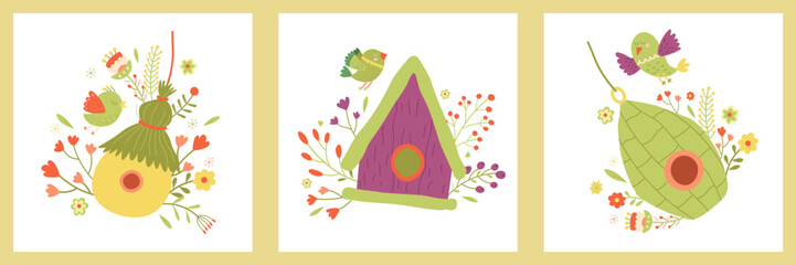 Cartoon birdhouses set with flying green bird and flowers around. For spring Easter post card or cute holiday illustrations
