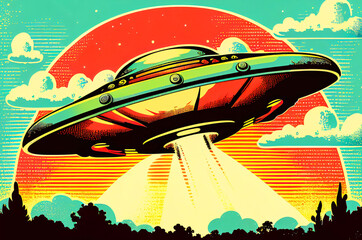 Extraterrestrial UFO Flying Saucer, dynamic view, colorful illustration in Retro 60s and 70s Poster Style, generative ai