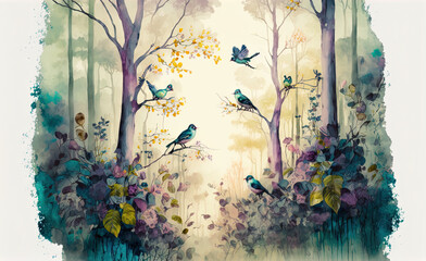 Birds in forest watercolor