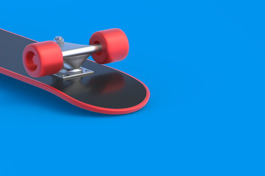 Skateboard on blue background. Hobbie and leisure. Sports equipment. Copy space. 3d render