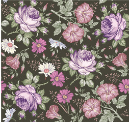Seamless pattern. Chamomile Daisies Roses wildflowers. Beautiful blooming realistic isolated flowers Vintage background fabric Wallpaper baroque. Drawing engraving sketch Vector victorian illustration