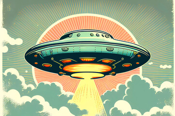 Extraterrestrial UFO Flying Saucer, dynamic view, colorful illustration in Retro 60s and 70s Poster Style, generative ai