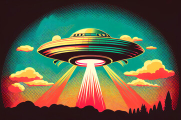Extraterrestrial UFO Flying Saucer, dynamic view, colorful illustration in Retro 60s and 70s Poster Style, generative ai