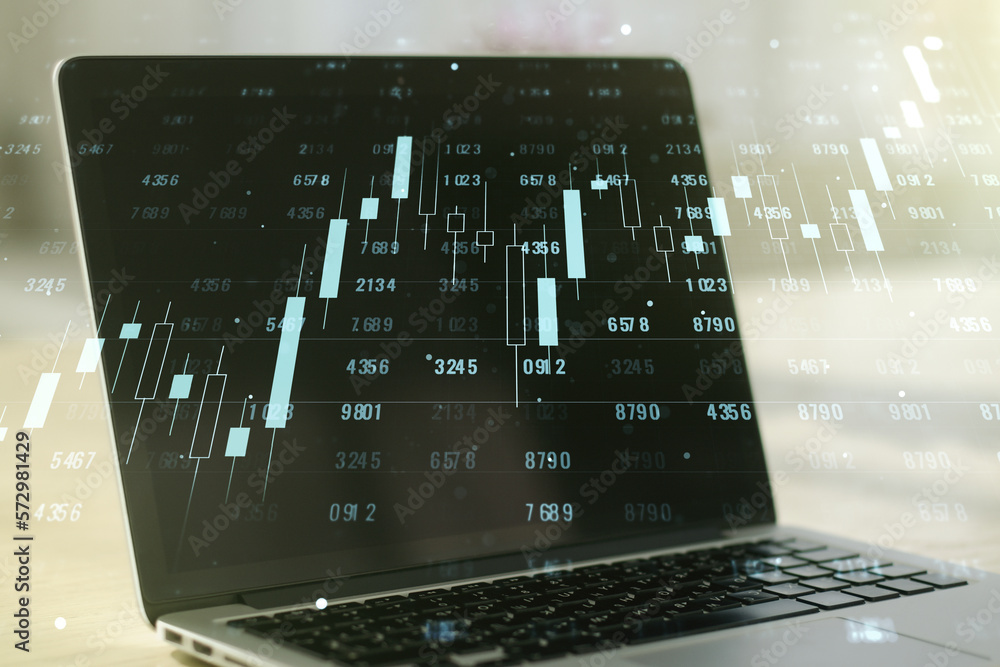 Poster multi exposure of stats data illustration on modern laptop background, computing and analytics conce