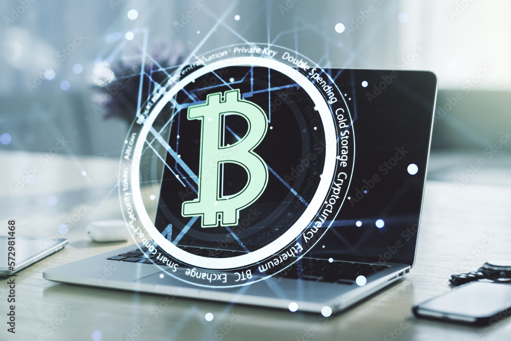 Poster Double exposure of creative Bitcoin symbol hologram with computer on background. Mining and blockchain concept