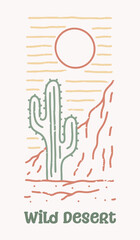 Wild desert mono line art design for t-shirt, badge, patch, sticker, etc