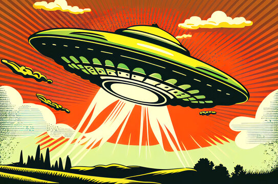 Extraterrestrial UFO Flying Saucer, dynamic view, colorful illustration in Retro 60s and 70s Poster Style, generative ai