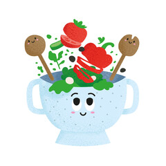 Cute salad bowl with happy kitchen wood spoons. Mix green vegetables including salad, tomato, fresh pepper, cucumber and seeds in blue plate. Healthy food with adorable faces vector illustration.