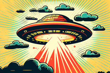 Extraterrestrial UFO Flying Saucer, dynamic view, colorful illustration in Retro 60s and 70s Poster Style, generative ai